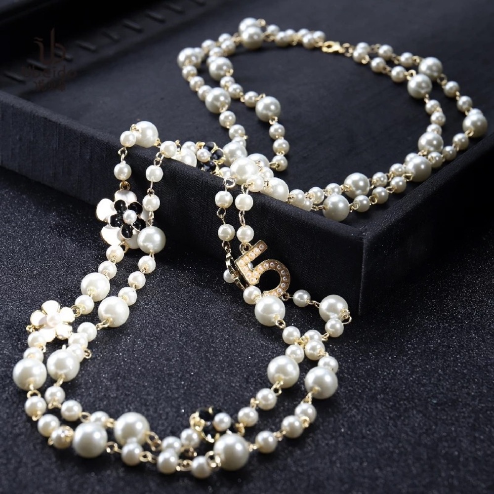 New Pearl Camellia Number5 Flower Double Long Necklace - Picture 11 of 17